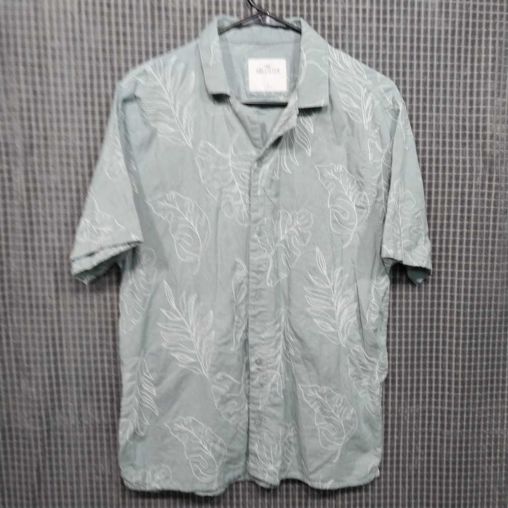 Hollister Mens Button Down Shirt Embroidered Leaf Tropical Large Sage Green